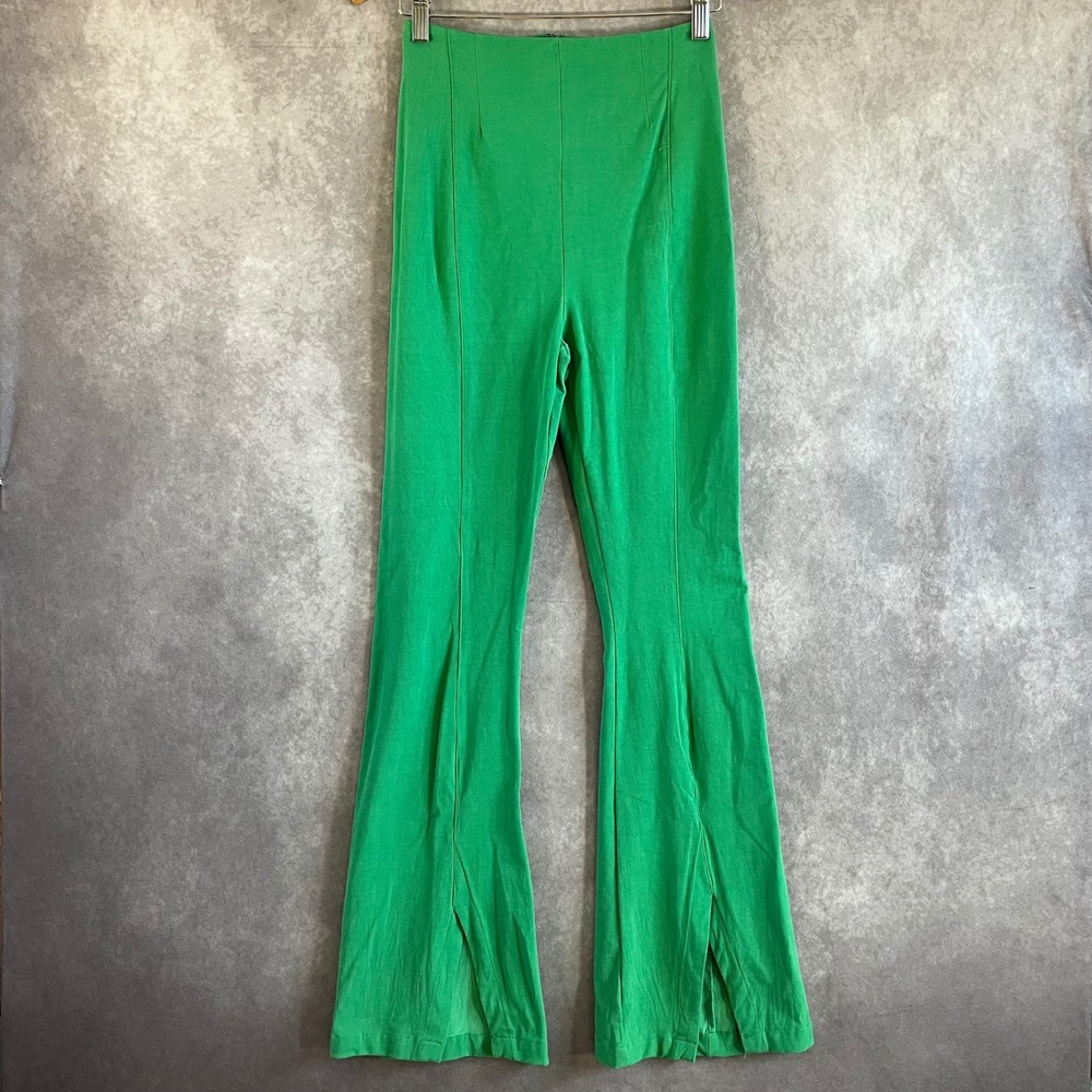 Free People Flare Pants Women Small Green High Rise Split Hem‎ Slim Fit Stretch